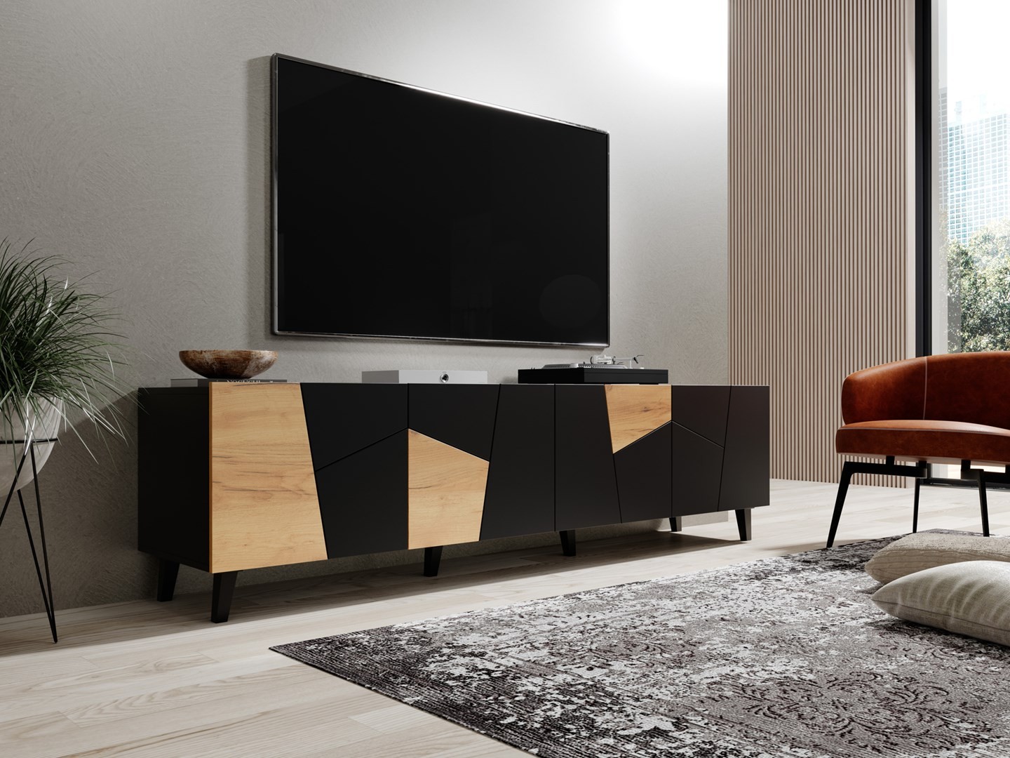 Szafka RTV ETNA 200x42x52 czarny mat + dąb craft – zdjęcie produktu