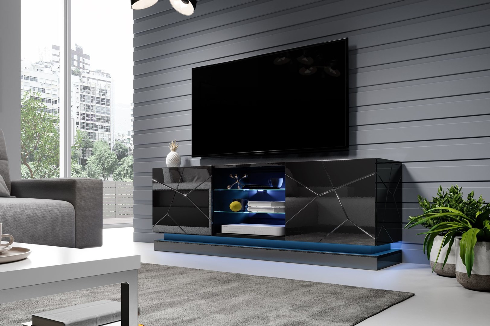 Szafka RTV QIU 160 MDF czarny połysk/czarny połysk – zdjęcie produktu