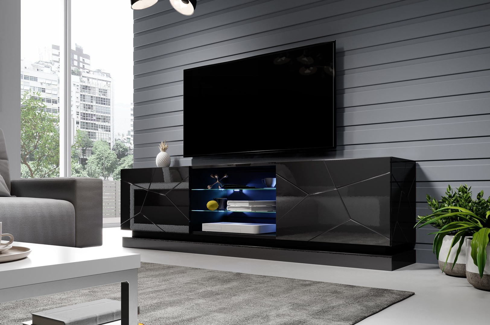 Szafka RTV QIU 200 MDF czarny połysk/czarny połysk – zdjęcie produktu
