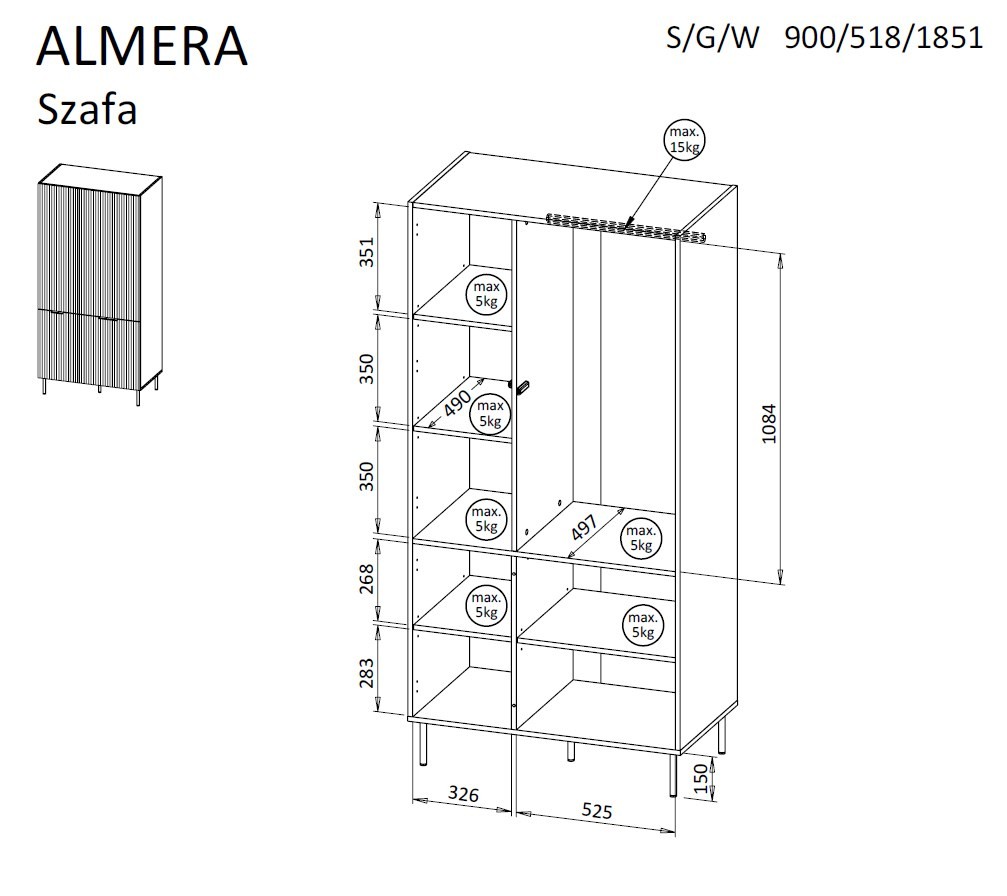 Szafa 5 ALMERA 90x52x185 orzech/kaszmir – zdjęcie produktu