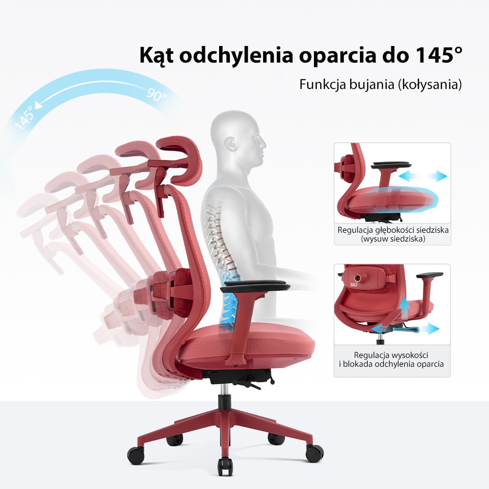 Odchylenie oparcia do 145 stopni i wysuw siedziska – czerwony fizjO